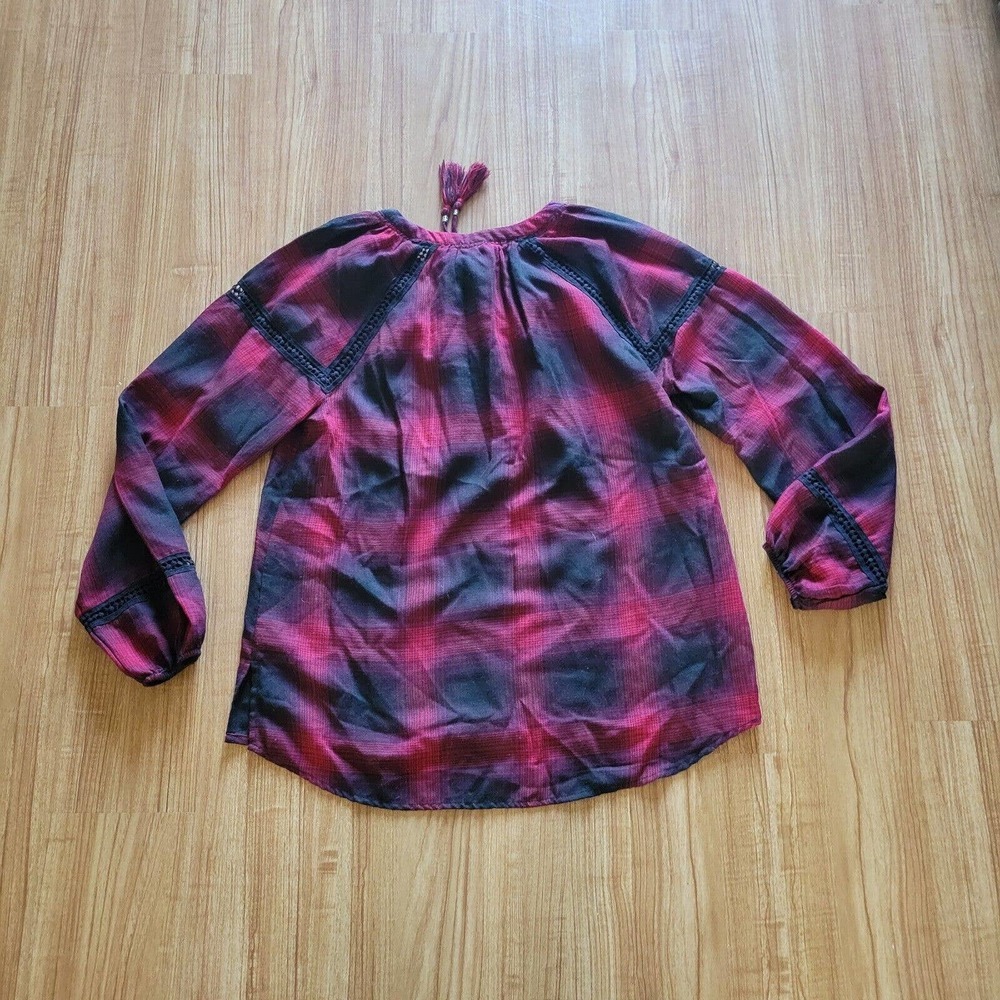 Knox Rose Shirt Top Women Size Medium Red Black Plaid Boho Balloon Sleeve Tassel - Picture 9 of 10